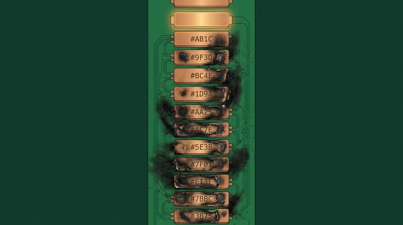 Ledger of burned key plates stacked in rows, each stamped with a DeleteKey hash, one live plate at the top